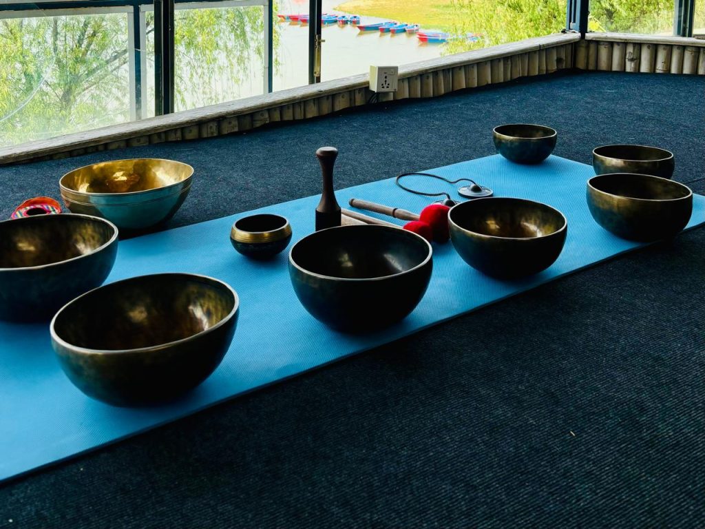 Private sound healing session in Pokhara at Unmani Yoga Retreat with Himalayan singing bowls