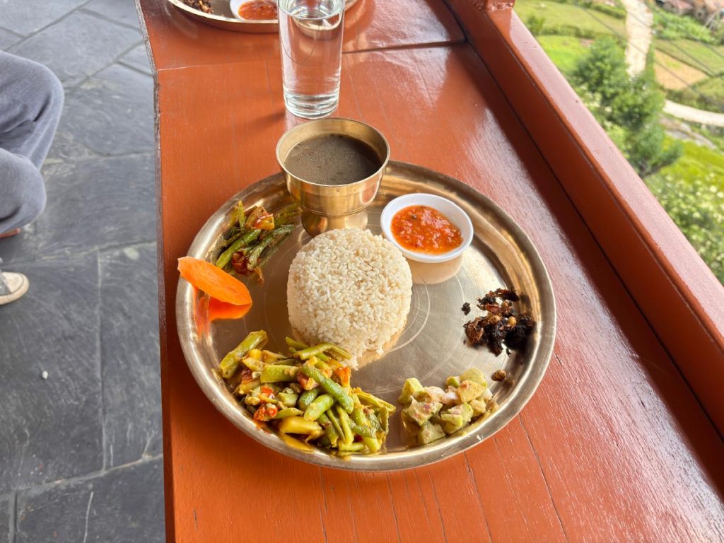 Traditional organic Nepali meal served fresh at best yoga retreat in Pokhara with healthy local ingredients and homemade dishes.