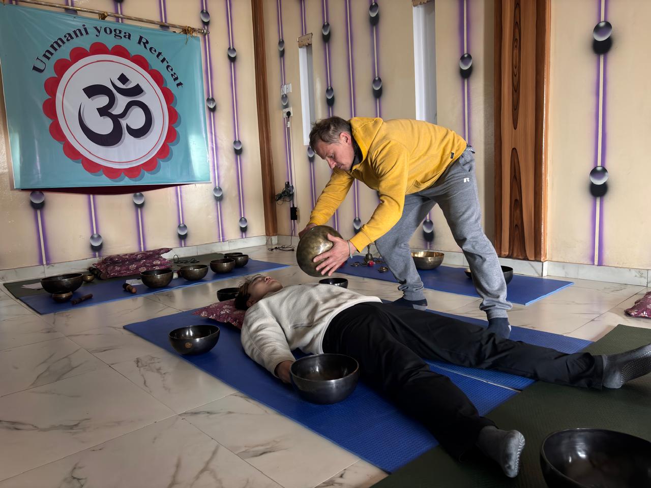 Himalayan singing bowl sound bath in pokhara, nepal at unmani yoga retreat