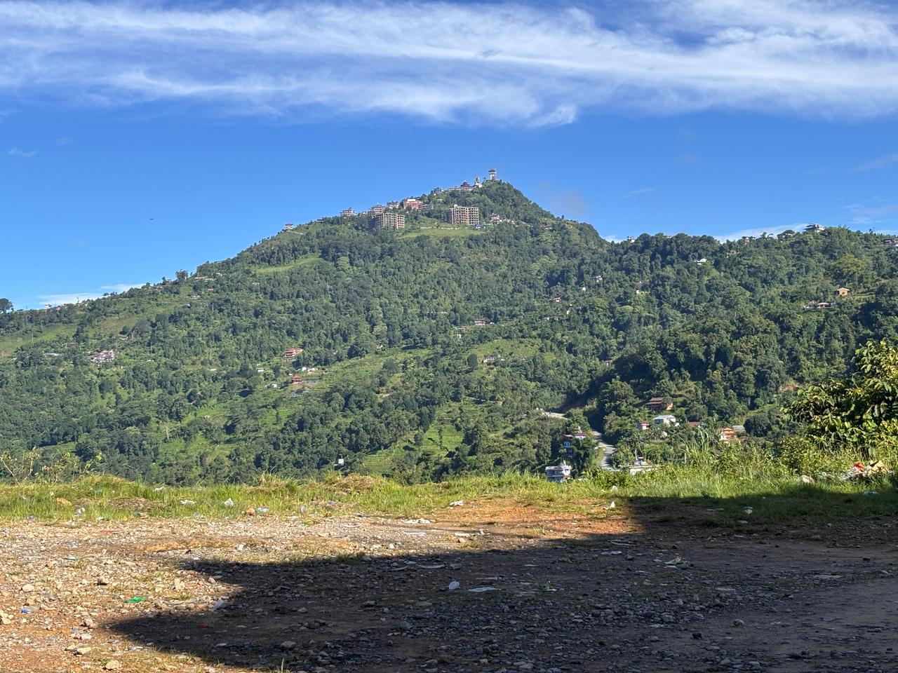 Peaceful distant view of Sarangkot with the Himalayan mountains and Pokhara Valley, Nepal
