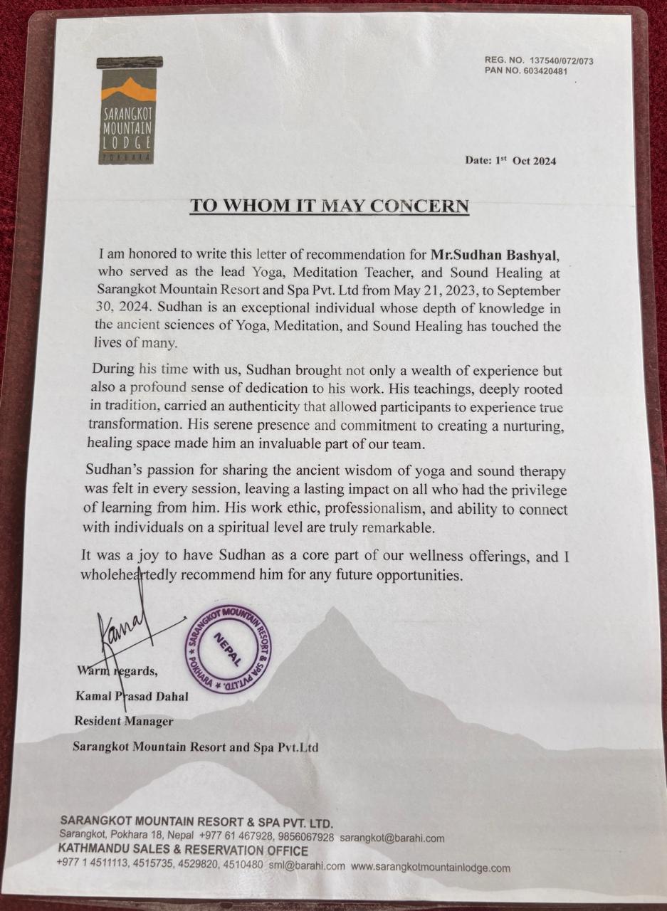 Professional experience certificate issued to Yogi Sudhan Bashyal as the Resident Wellness Teacher at Sarangkot Mountain Lodge and Spa, Pokhara, Nepal